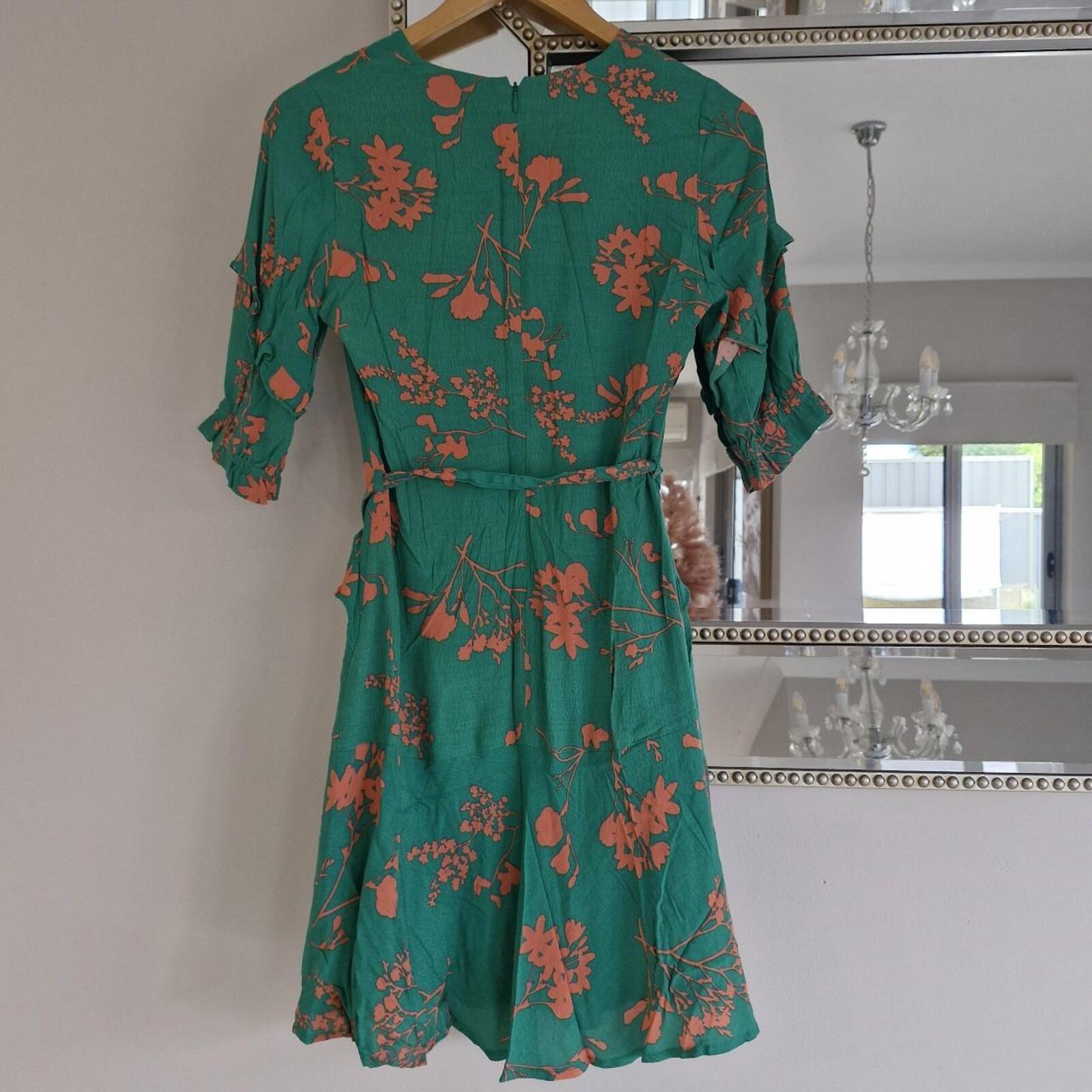 OXFORD Green and orange floral print dress with tie waist 6