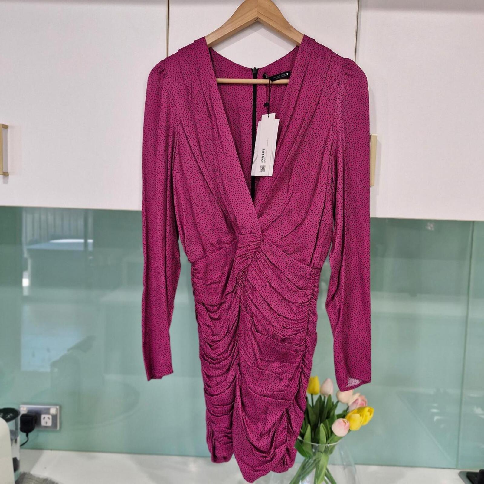 Zara Pink polka dot mini dress with ruched detail and long sleeves.