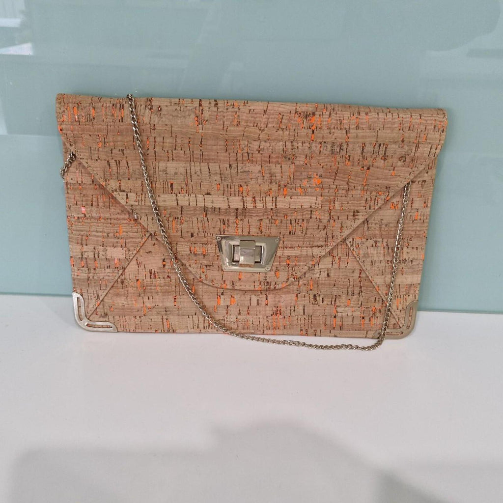Tan and orange cork clutch bag with gold chain strap
