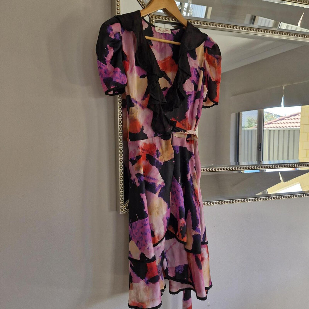 80s Alannah Hill purple and pink floral print dress with black silk collar and ruffle hem glam #floraldress