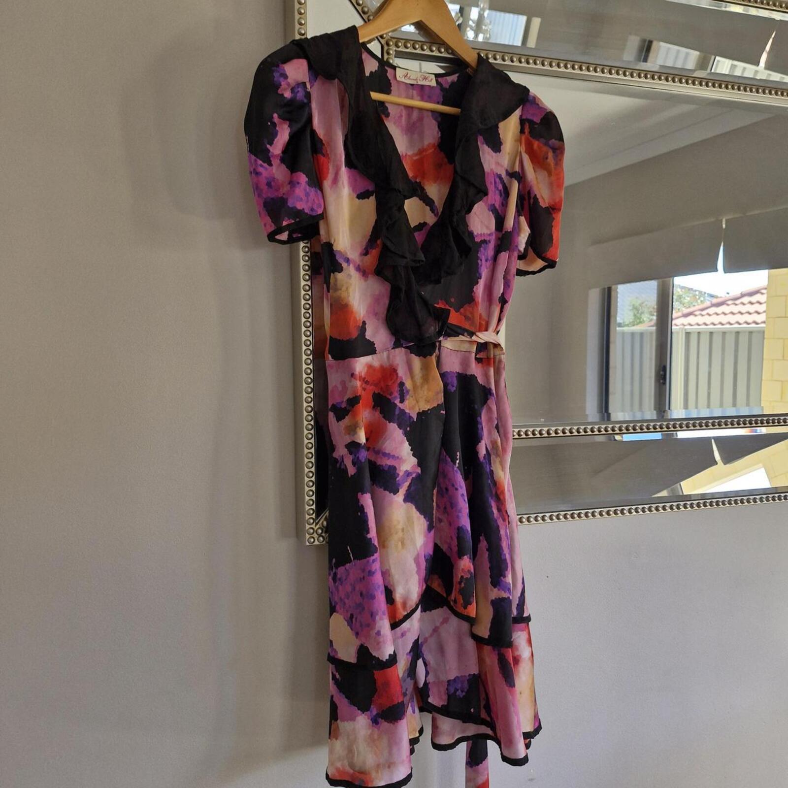 80s Alannah Hill purple and pink floral print dress with black silk collar and ruffle hem glam #floraldress