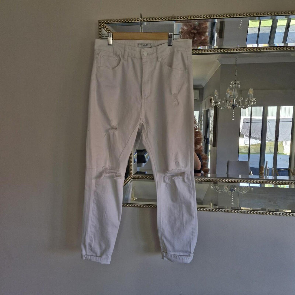 Decjuba White high-waisted ripped denim jeans 10