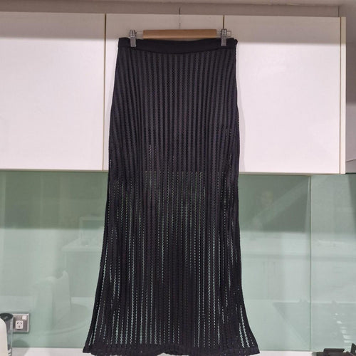Black maxi skirt with side slit and mesh overlay