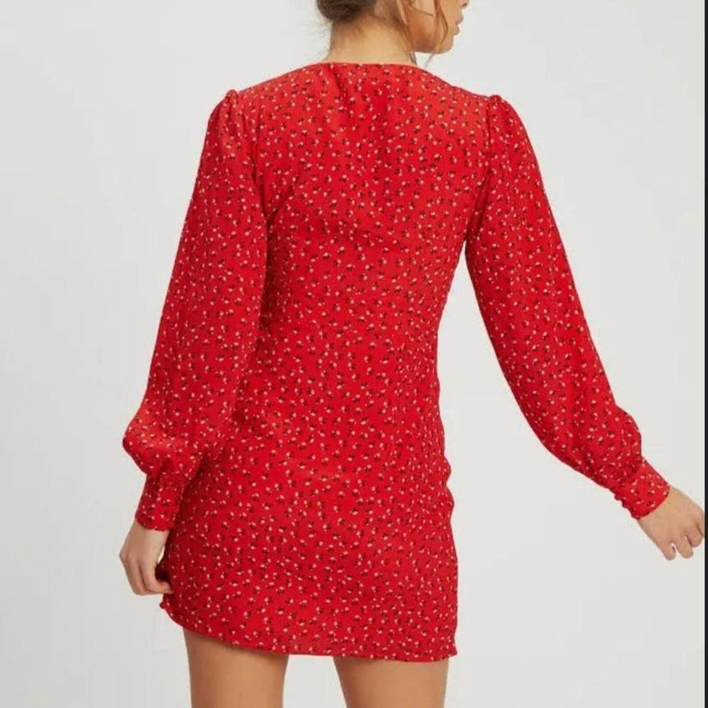 Savel Red mini dress with white floral print and long sleeves 8