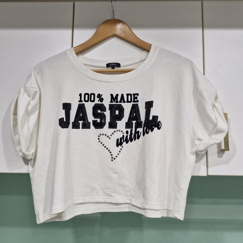 Jaspal white cropped top with black lettering and heart detail.