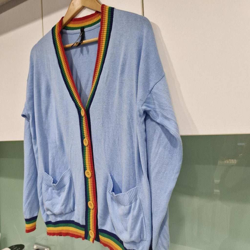 Dangerfield blue cardigan with rainbow trim 12