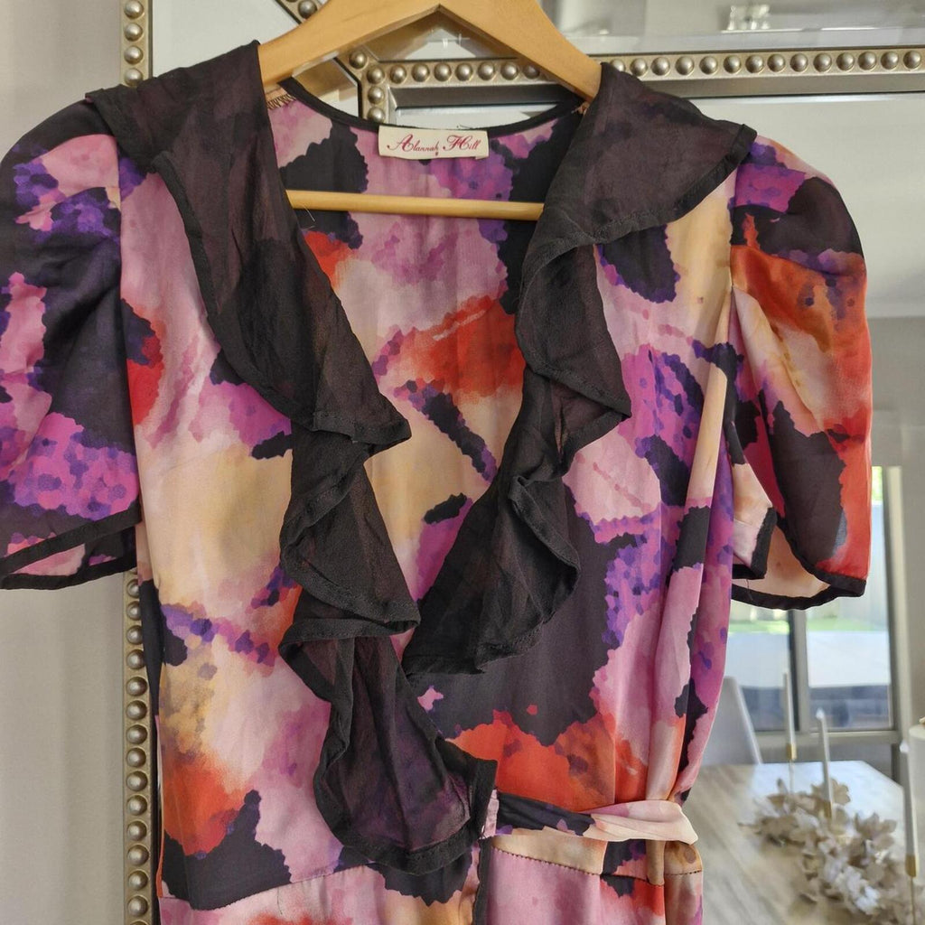 80s Alannah Hill purple and pink floral print dress with black silk collar and ruffle hem glam #floraldress