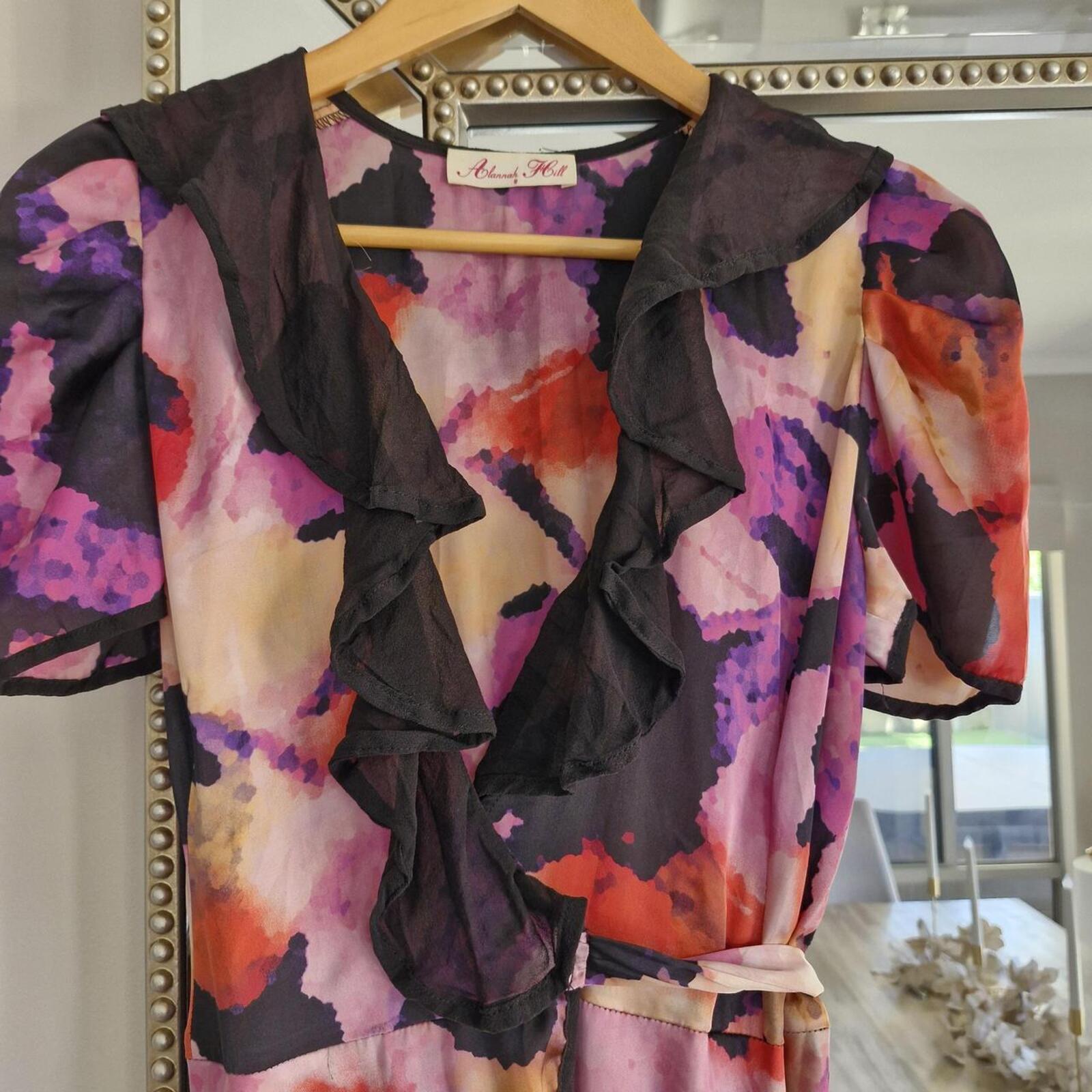 80s Alannah Hill purple and pink floral print dress with black silk collar and ruffle hem glam #floraldress