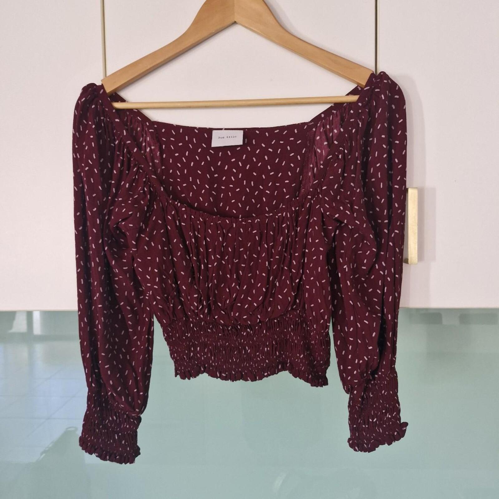 Rue Stiic burgundy shirred crop blouse with white polka dots