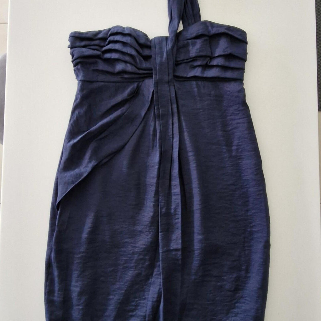 SABA Navy blue strapless dress with draped detailing and tie back 12