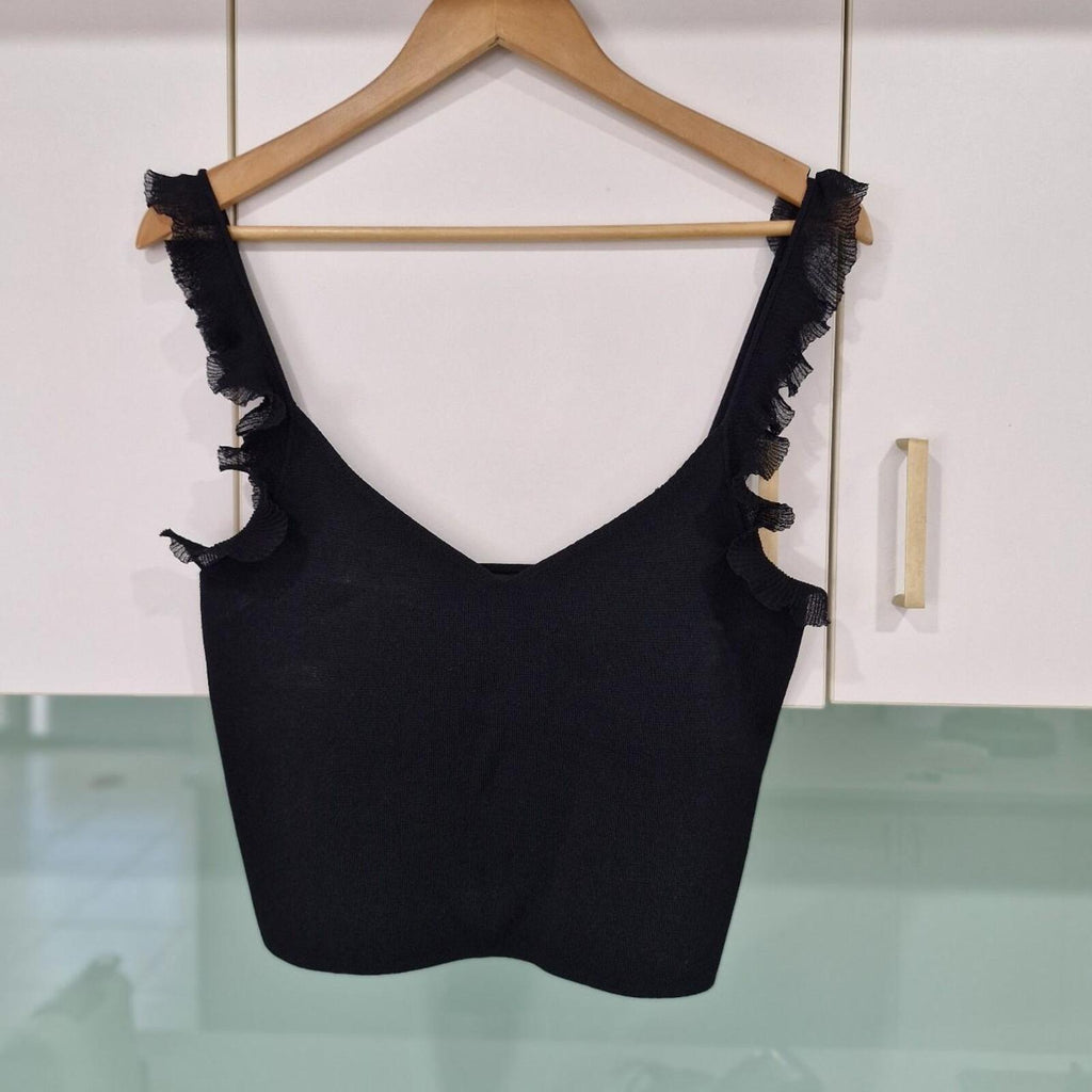 Forever New black crop top with ruffle details 12