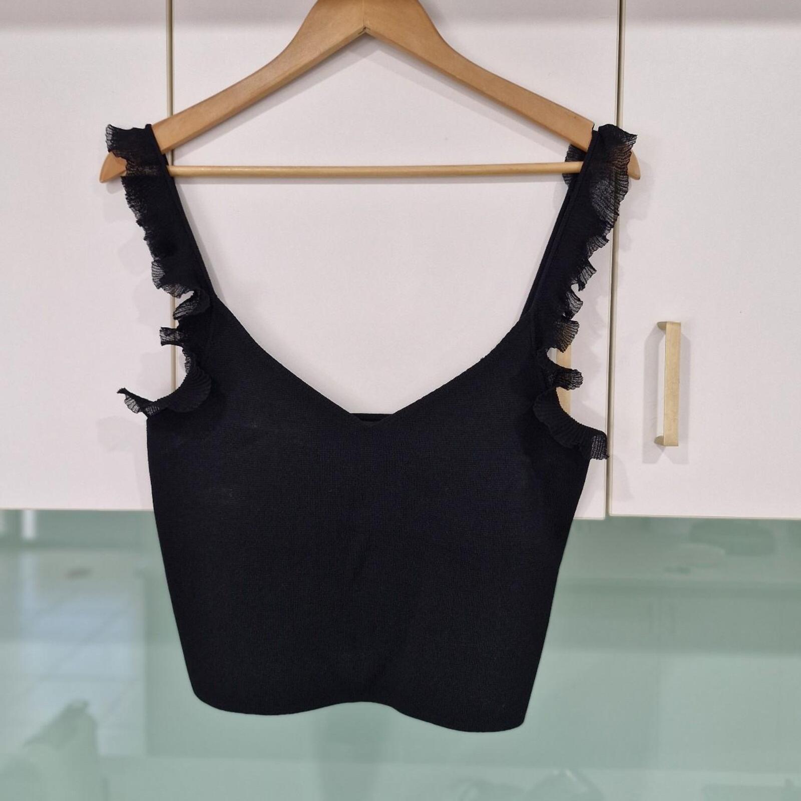 Forever New black crop top with ruffle details 12