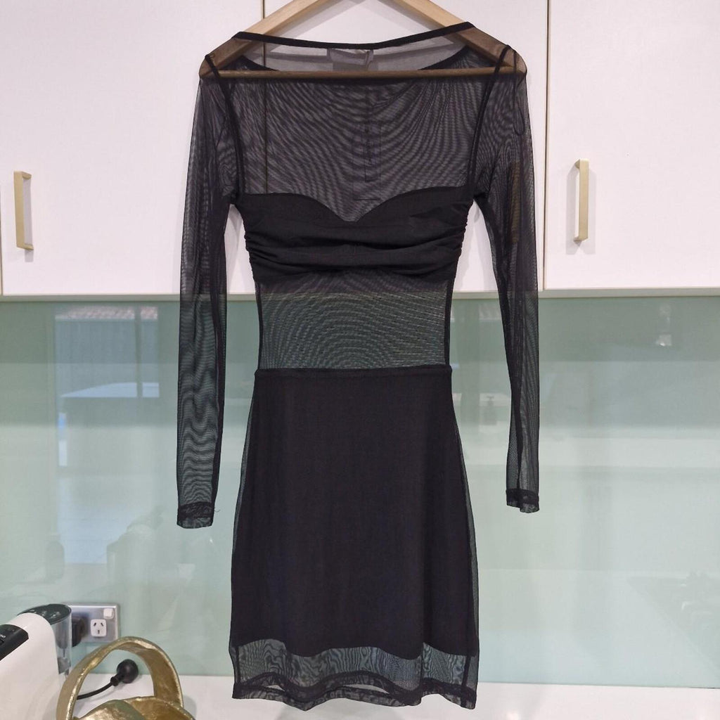 Perfect Stranger black mesh long sleeve mini dress