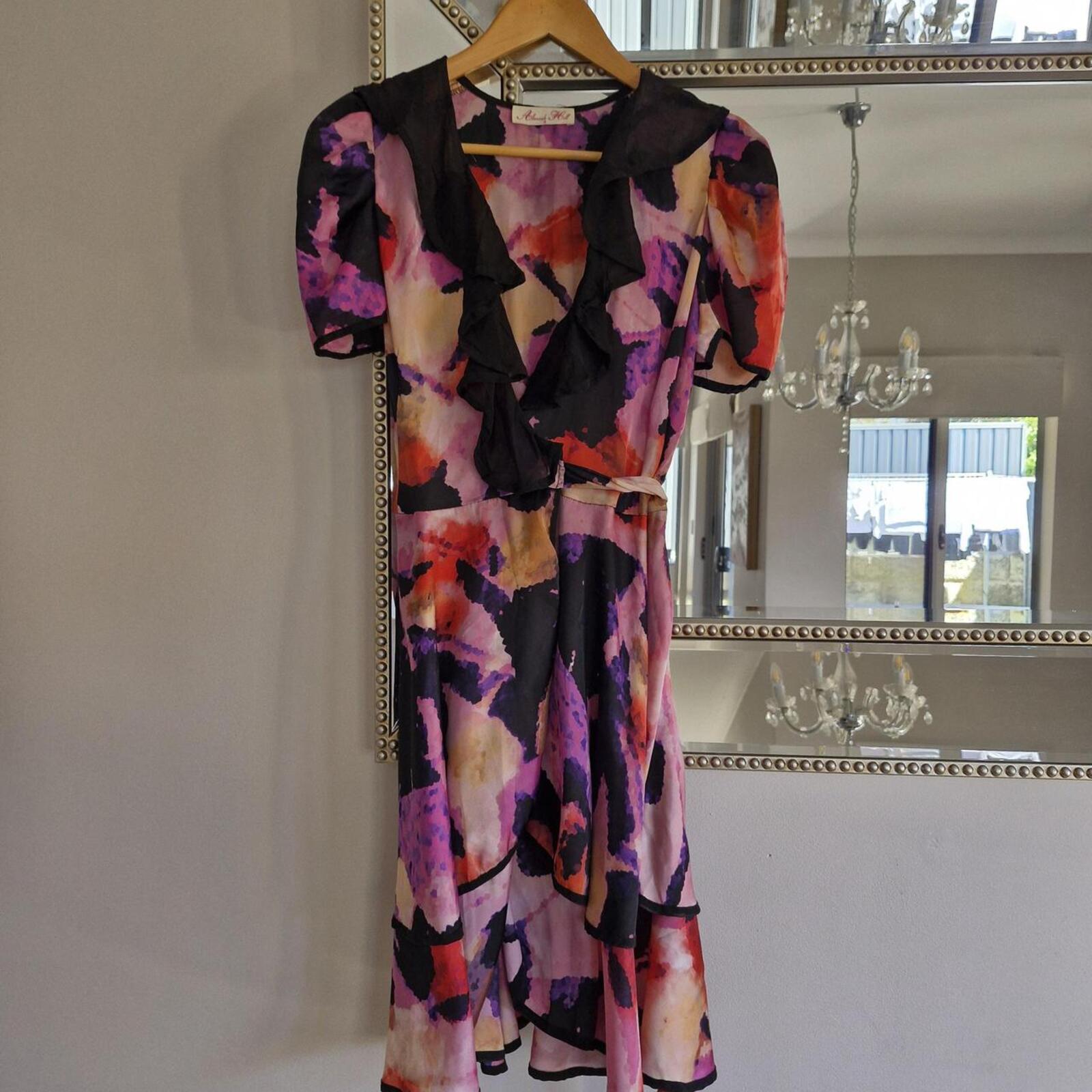 80s Alannah Hill purple and pink floral print dress with black silk collar and ruffle hem glam #floraldress