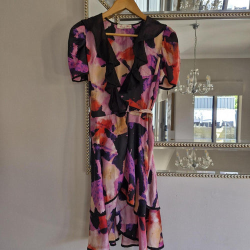 80s Alannah Hill purple and pink floral print dress with black silk collar and ruffle hem glam #floraldress
