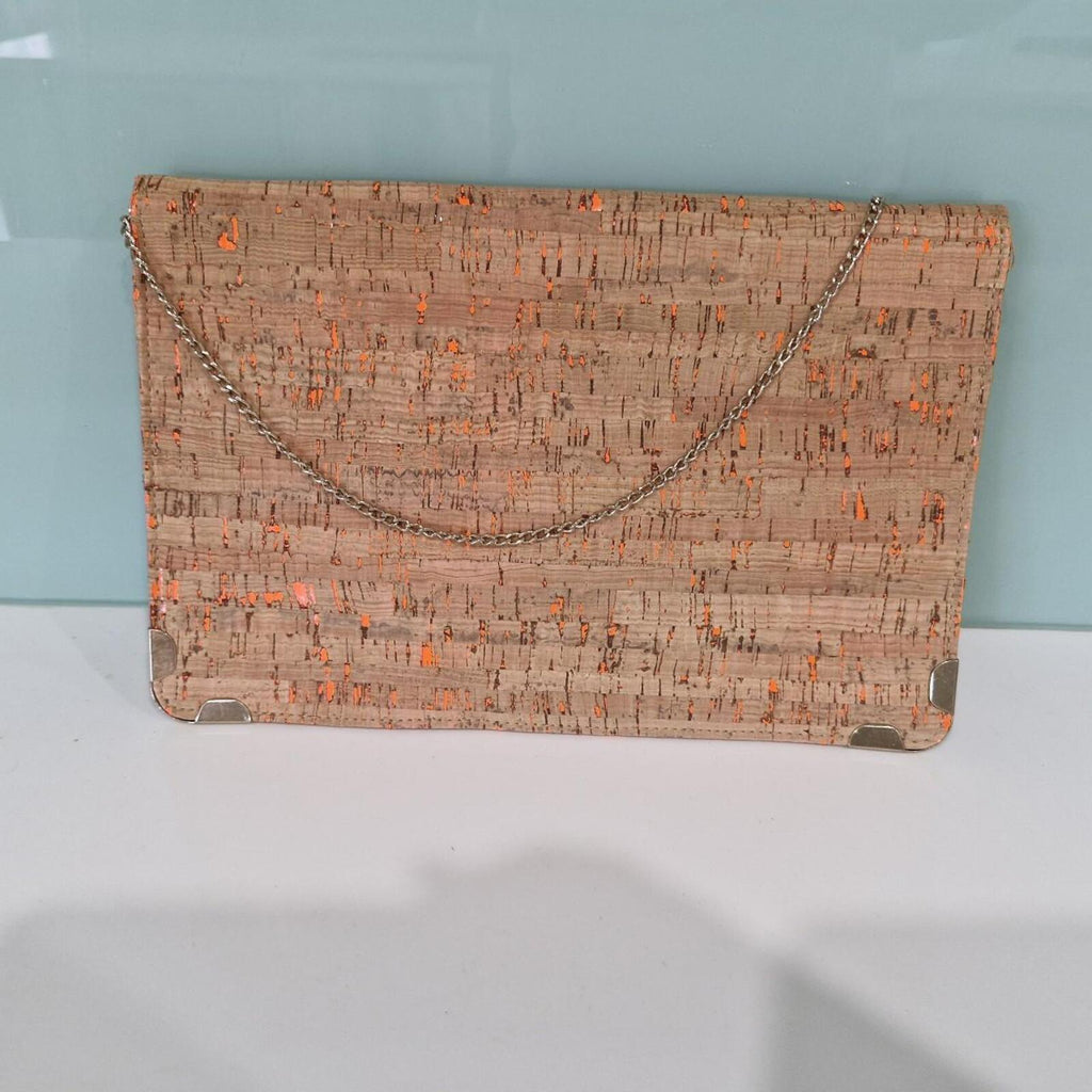 Tan and orange cork clutch bag with gold chain strap