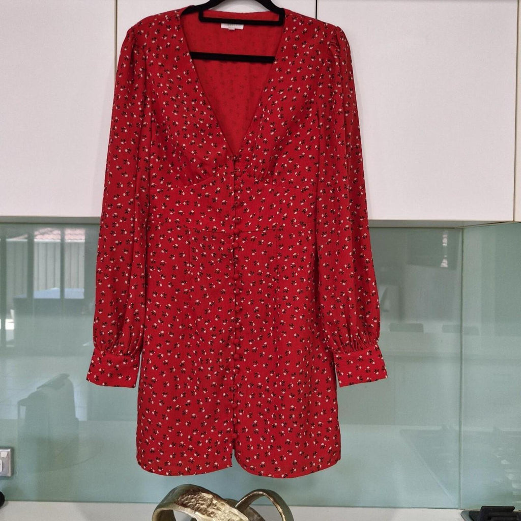 Savel Red mini dress with white floral print and long sleeves 8