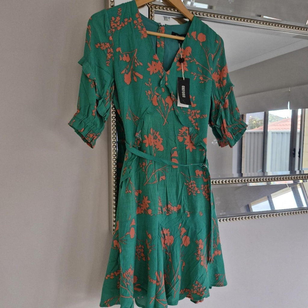 OXFORD Green and orange floral print dress with tie waist 6