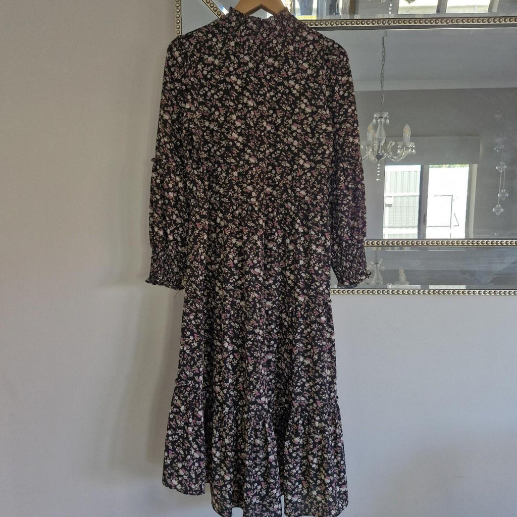 Decjuba Black & pink floral midi dress with high neck 8