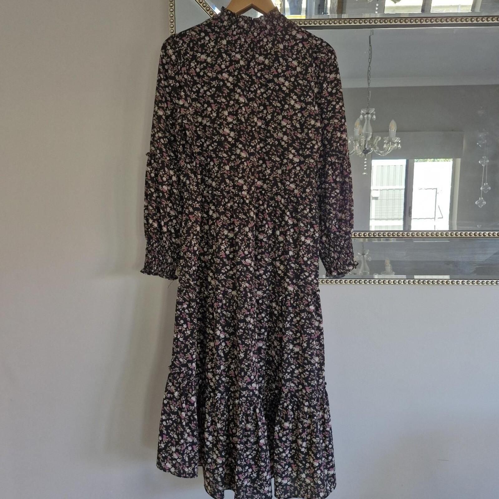 Decjuba Black & pink floral midi dress with high neck 8