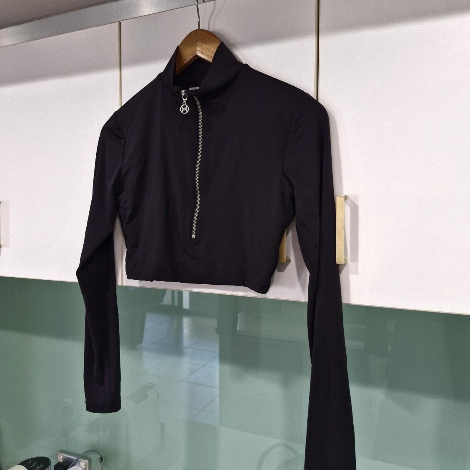 Meshki black long sleeve crop top with silver zip detail