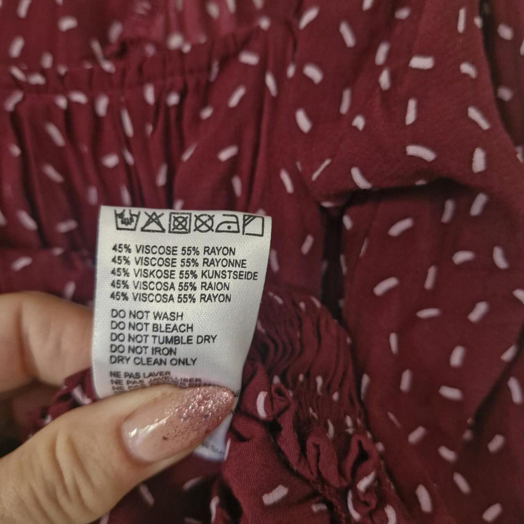 Rue Stiic burgundy shirred crop blouse with white polka dots