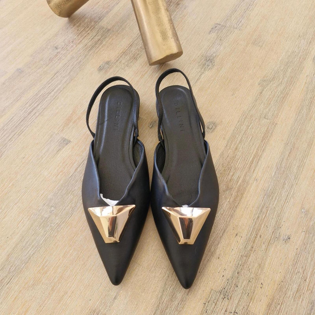 Billini Myla Black leather slingback flats with gold hardware