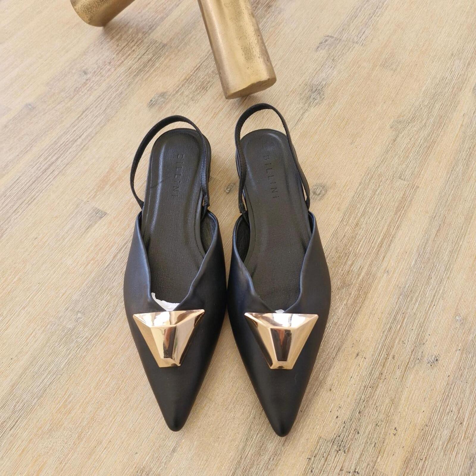 Billini Myla Black leather slingback flats with gold hardware