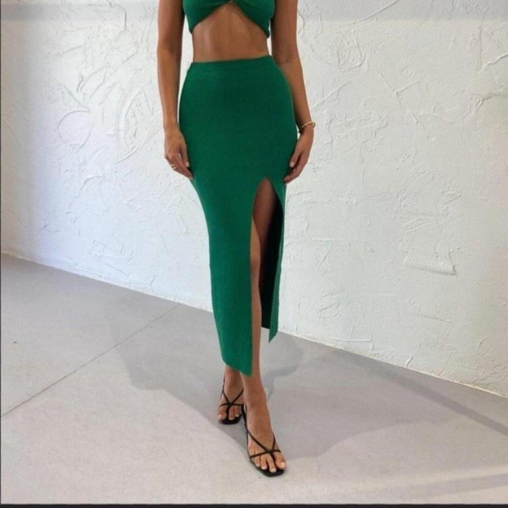 Bec & Bridge green maxi skirt with slit 6