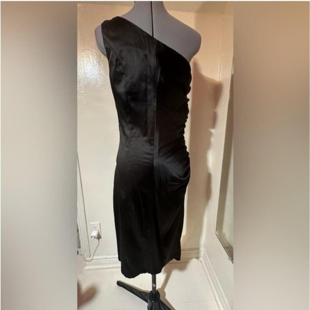 Voodoo Vixen Black satin one shoulder midi dress with red roses