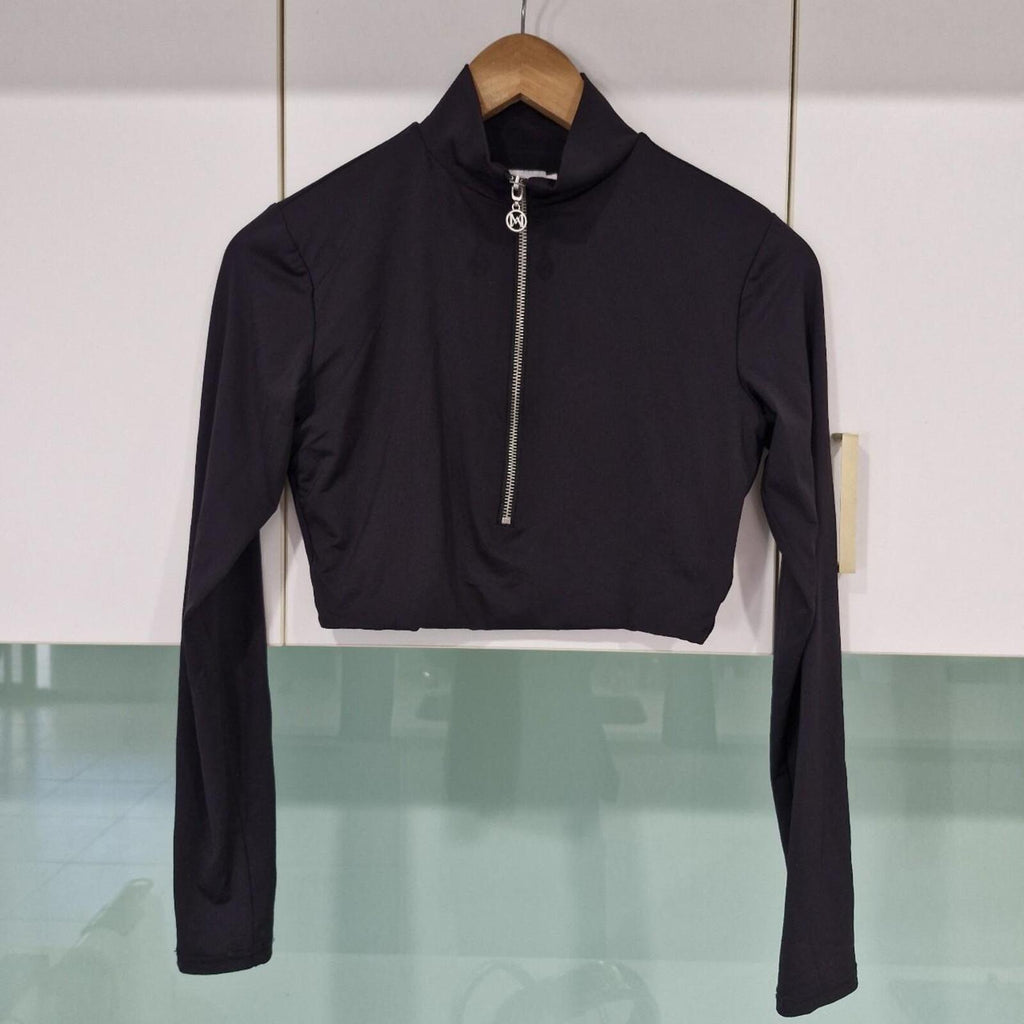 Meshki black long sleeve crop top with silver zip detail