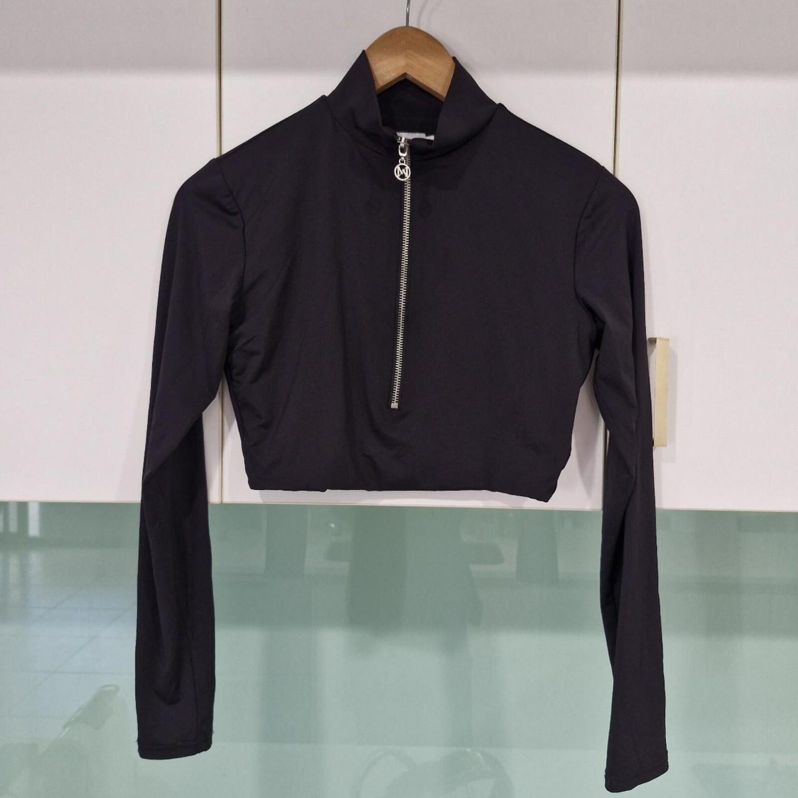 Meshki black long sleeve crop top with silver zip detail