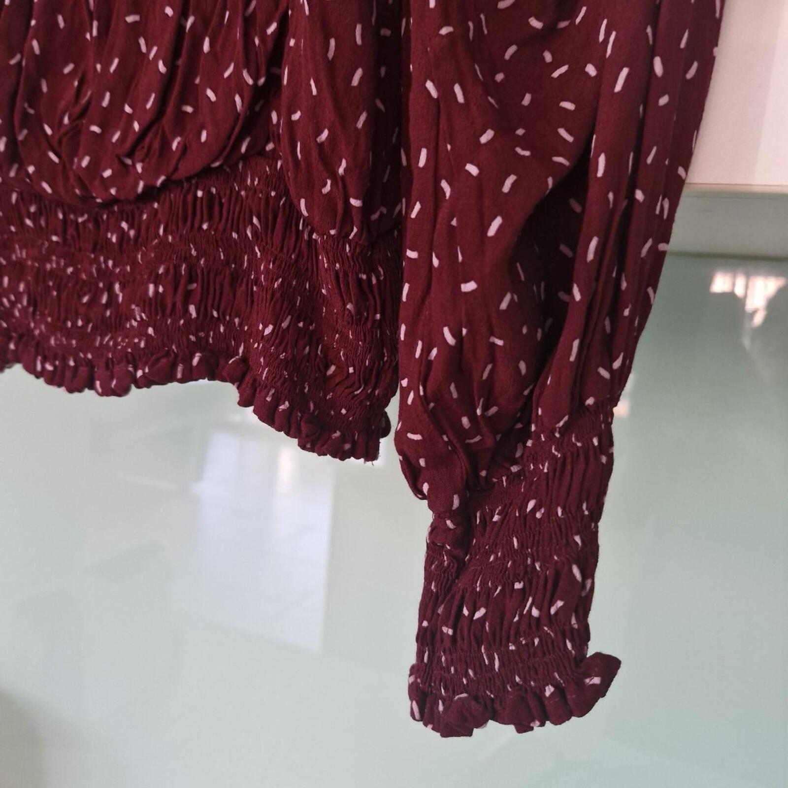 Rue Stiic burgundy shirred crop blouse with white polka dots