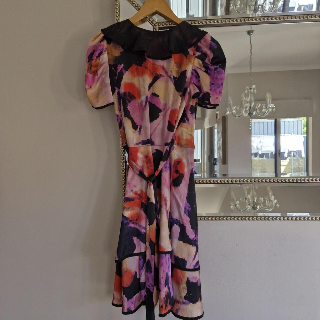 80s Alannah Hill purple and pink floral print dress with black silk collar and ruffle hem glam #floraldress