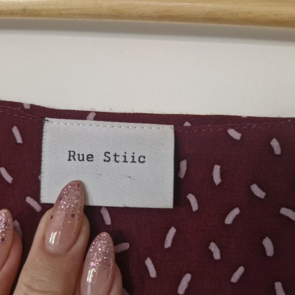 Rue Stiic burgundy shirred crop blouse with white polka dots