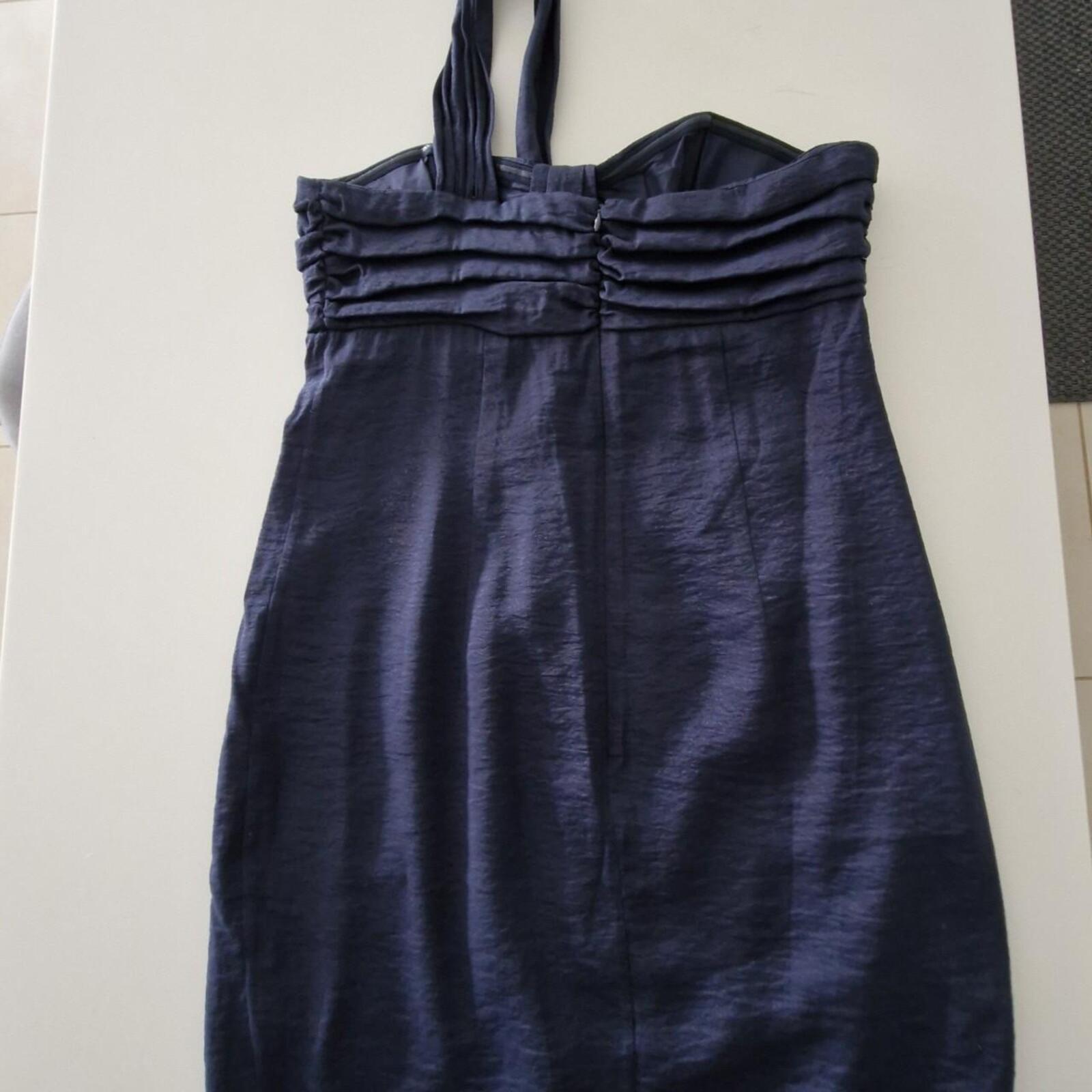 SABA Navy blue strapless dress with draped detailing and tie back 12