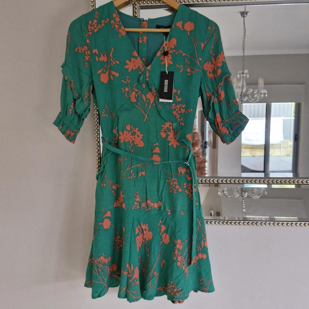OXFORD Green and orange floral print dress with tie waist 6