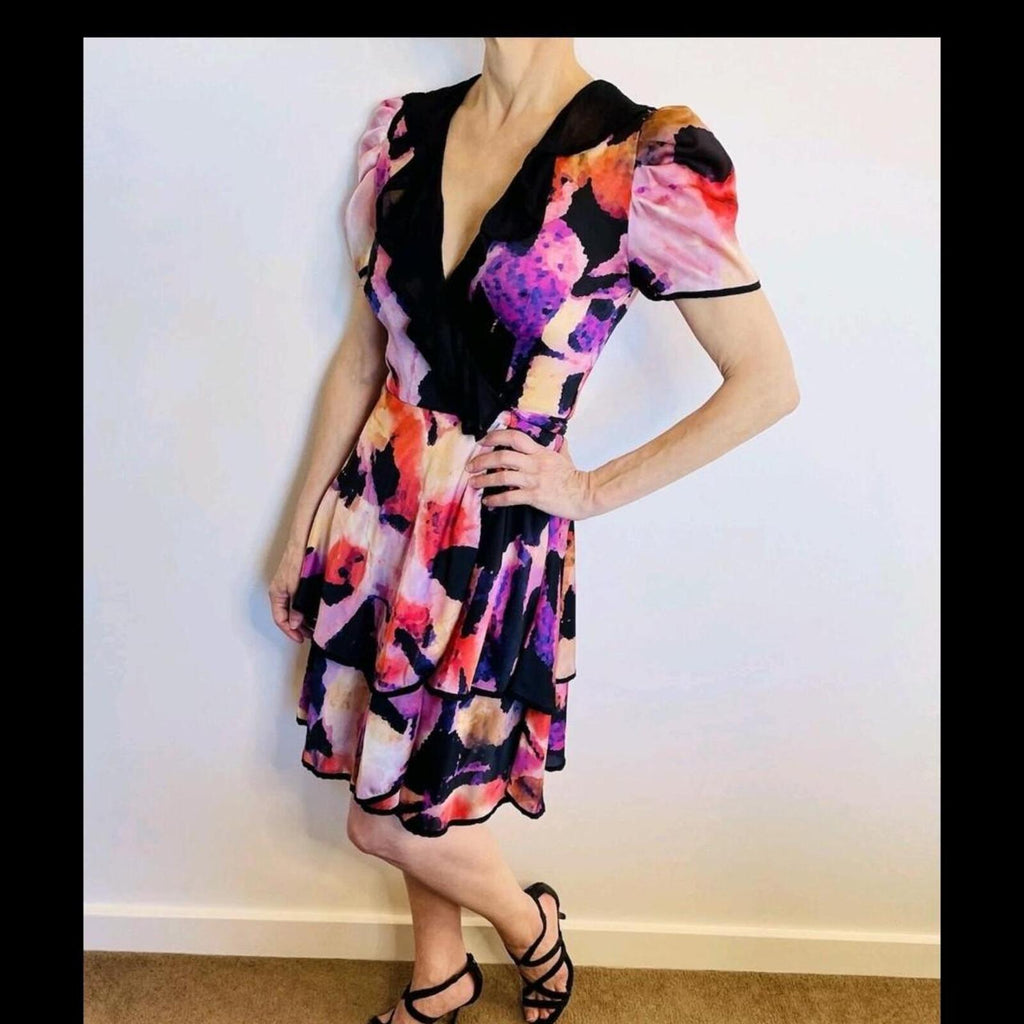 80s Alannah Hill purple and pink floral print dress with black silk collar and ruffle hem glam #floraldress
