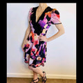80s Alannah Hill purple and pink floral print dress with black silk collar and ruffle hem glam #floraldress