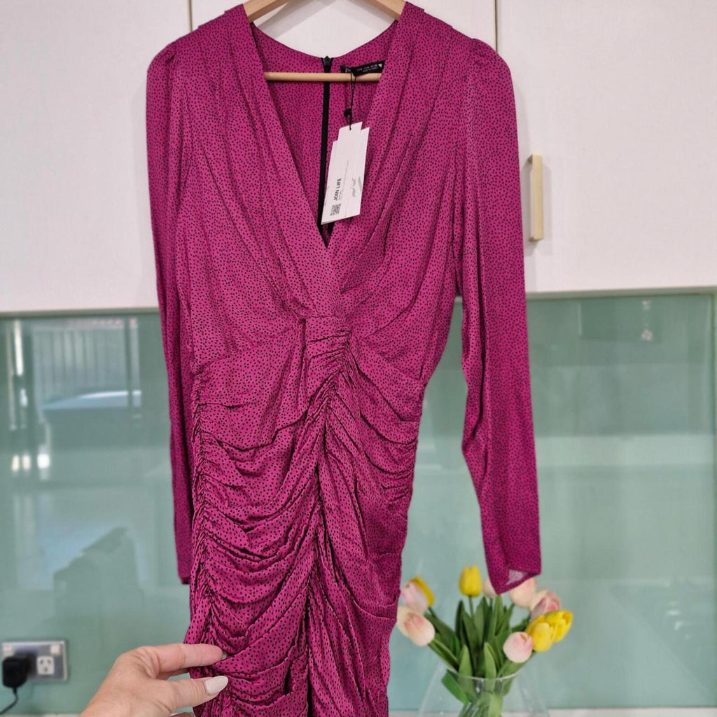 Zara Pink polka dot mini dress with ruched detail and long sleeves.