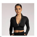 Meshki black long sleeve crop top with silver zip detail