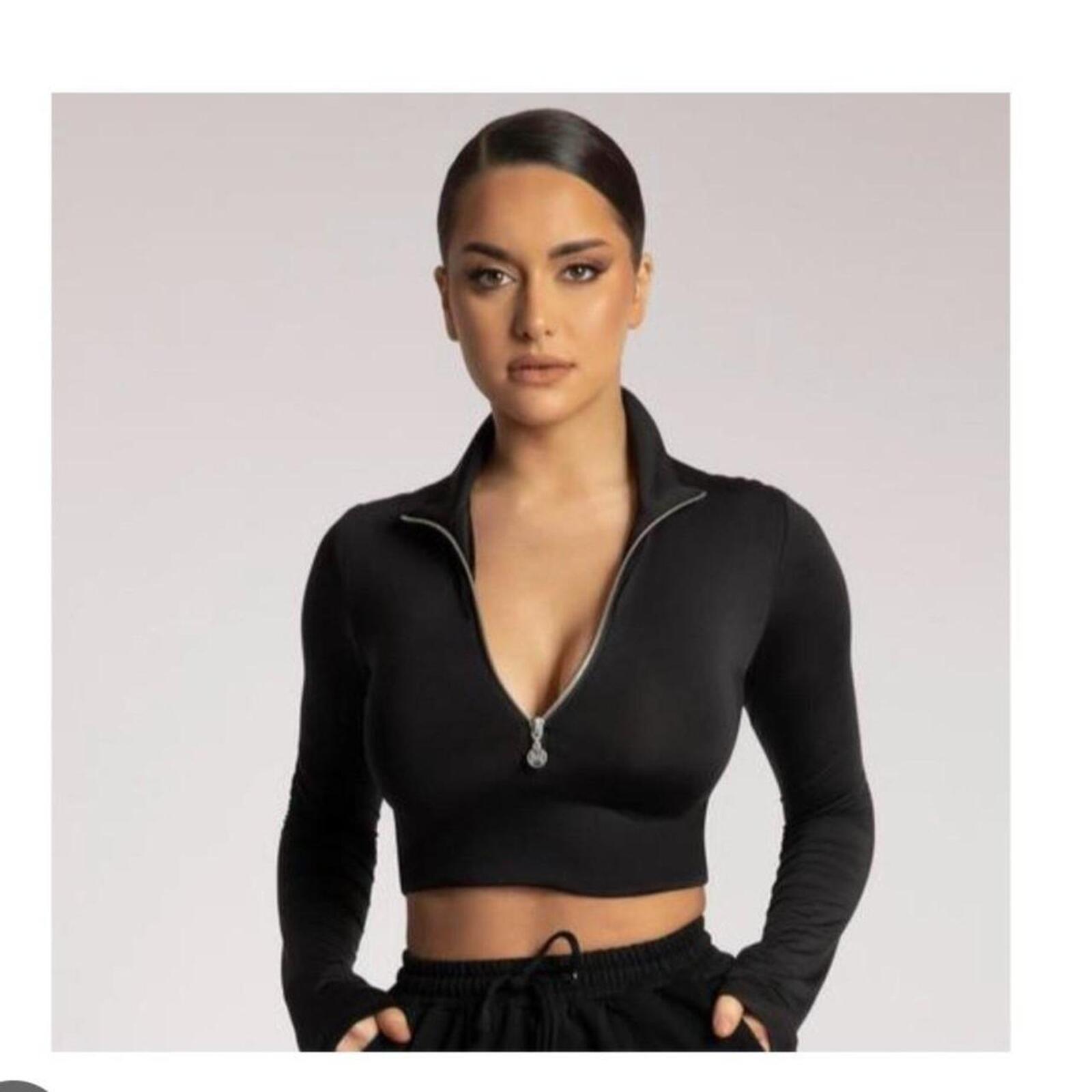 Meshki black long sleeve crop top with silver zip detail