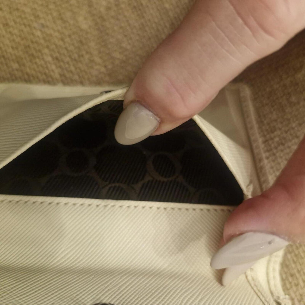 Oroton beige card wallet / purse with silver hardware