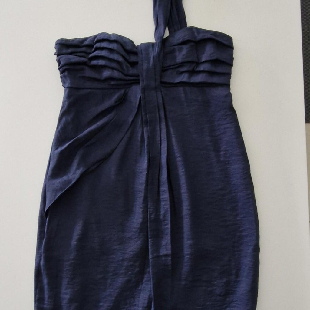 SABA Navy blue strapless dress with draped detailing and tie back 12