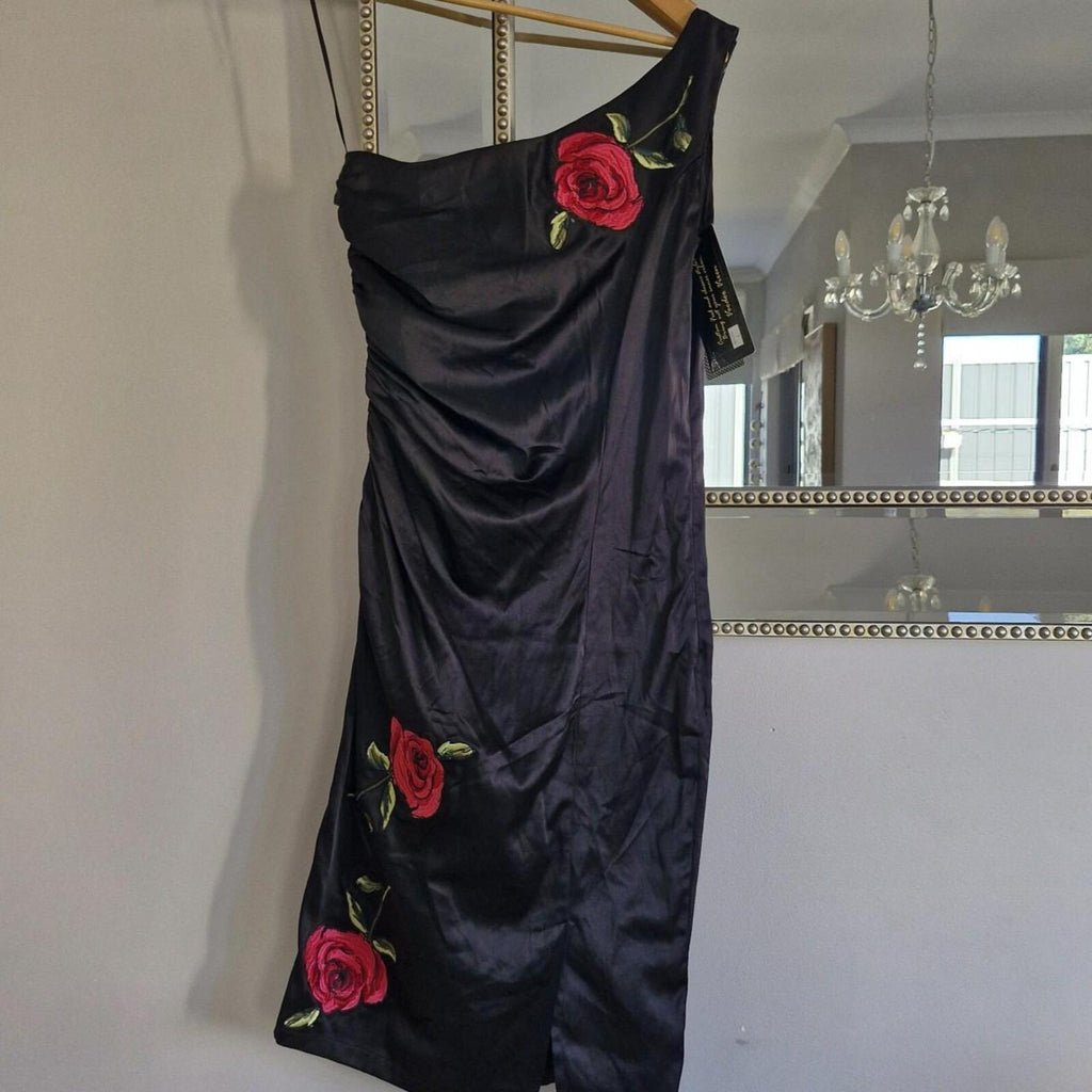 Voodoo Vixen Black satin one shoulder midi dress with red roses