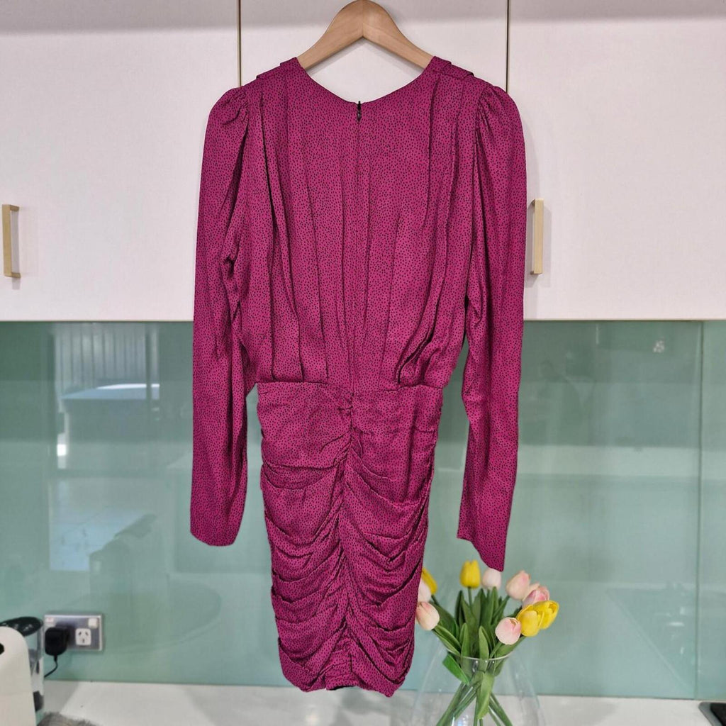 Zara Pink polka dot mini dress with ruched detail and long sleeves.