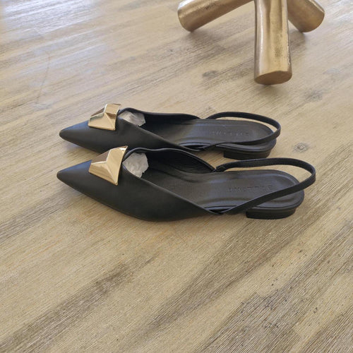 Billini Myla Black leather slingback flats with gold hardware