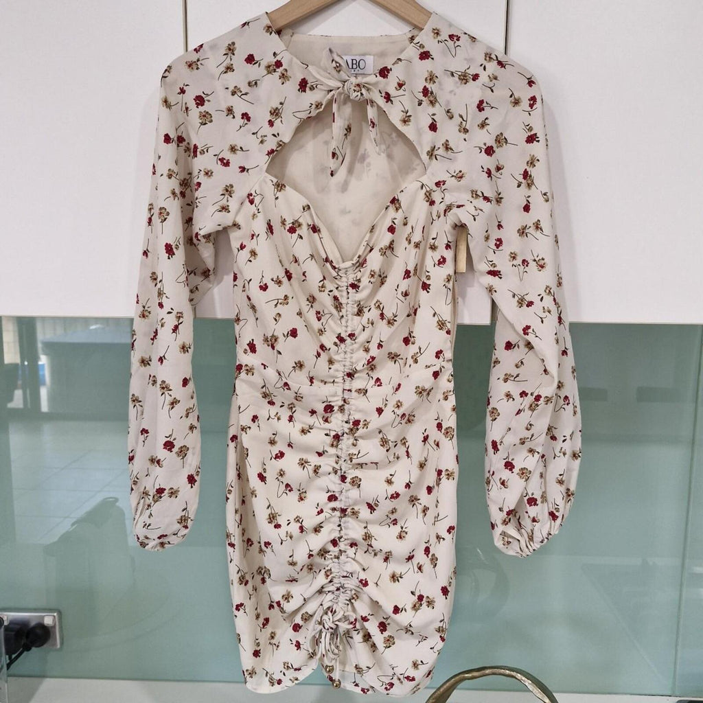 Sabo Skirt Cream and pink floral mini dress with a ruched front and tie up detail