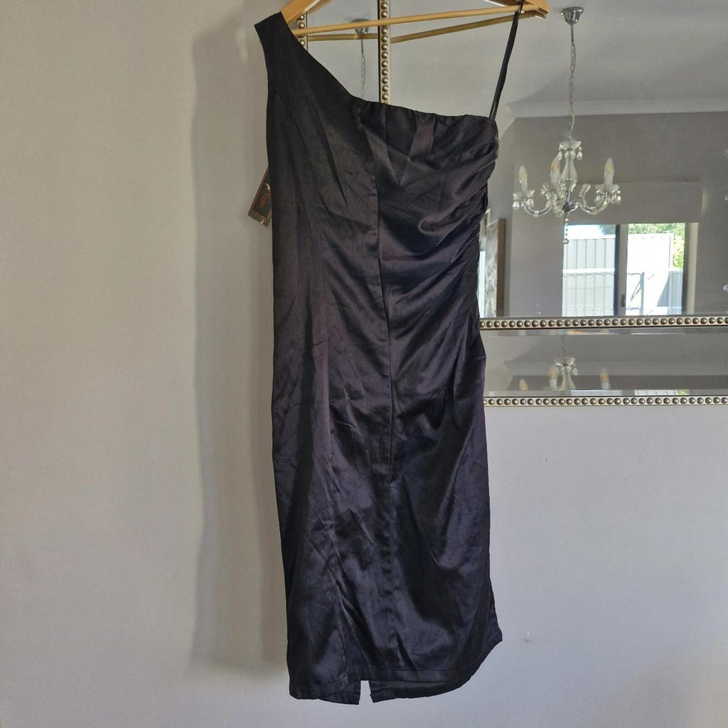 Voodoo Vixen Black satin one shoulder midi dress with red roses