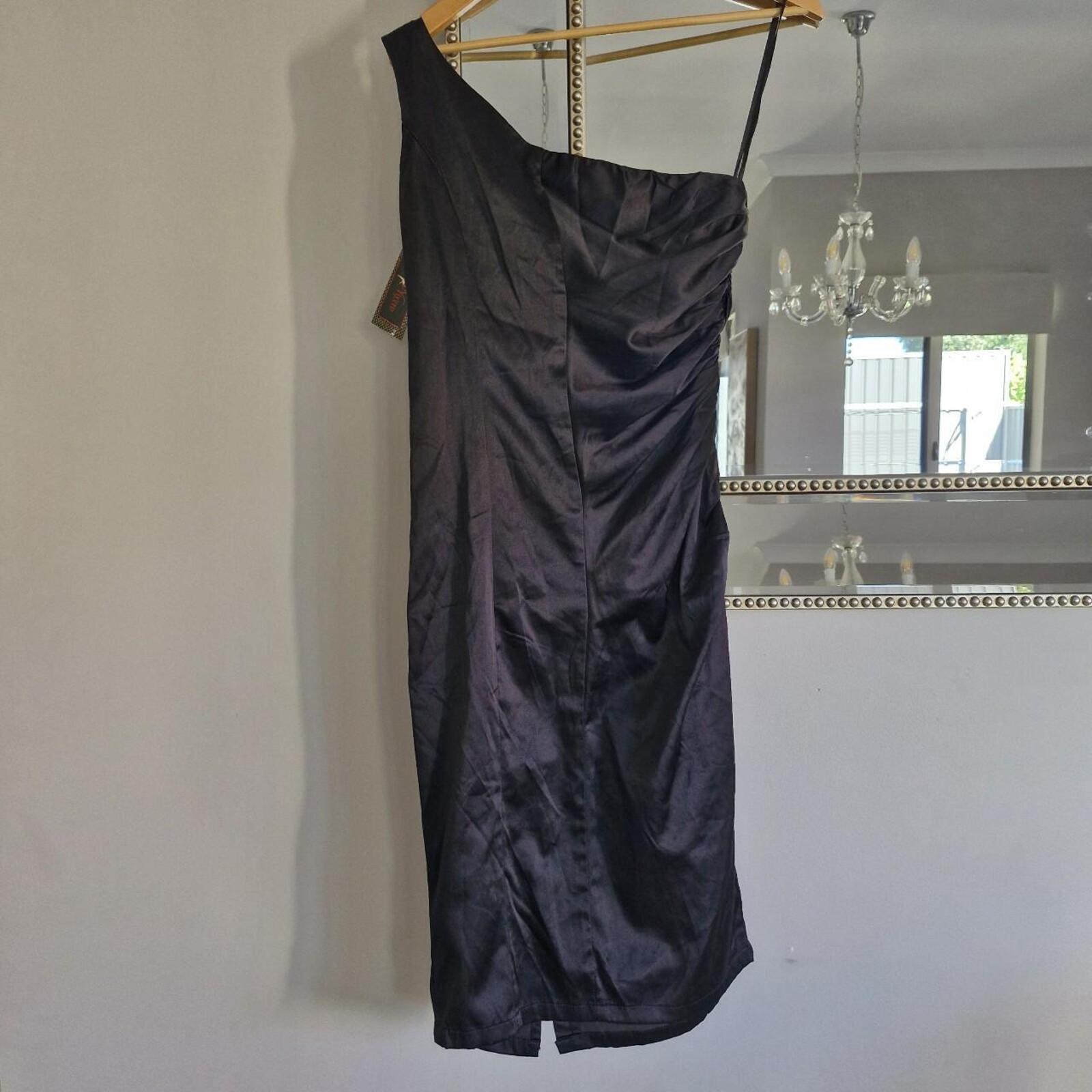 Voodoo Vixen Black satin one shoulder midi dress with red roses